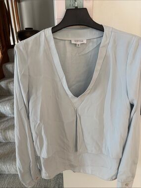 Barneys New York Pale Blue V-Neck Long Sleeve Blouse